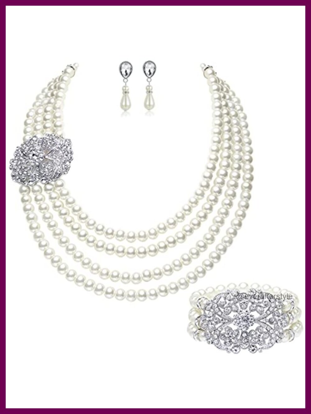 4 Strand Faux Pearl Necklace & Earring Set 1920s Gatsby Crystal Brooch